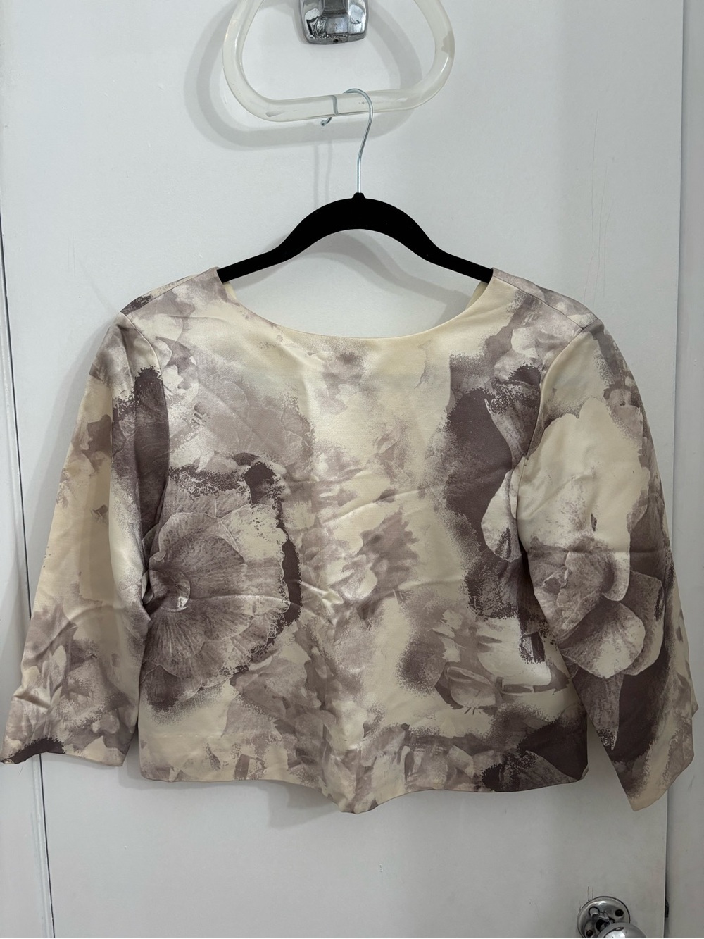 Club Monaco Floral Satin Boatneck Top in Cream and Taupe Print